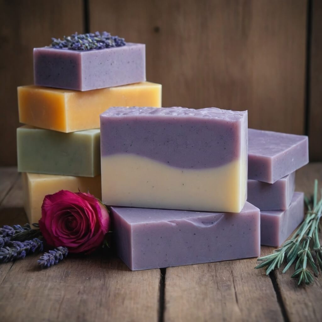 Handcrafted lavender soap with dried lavender flowers