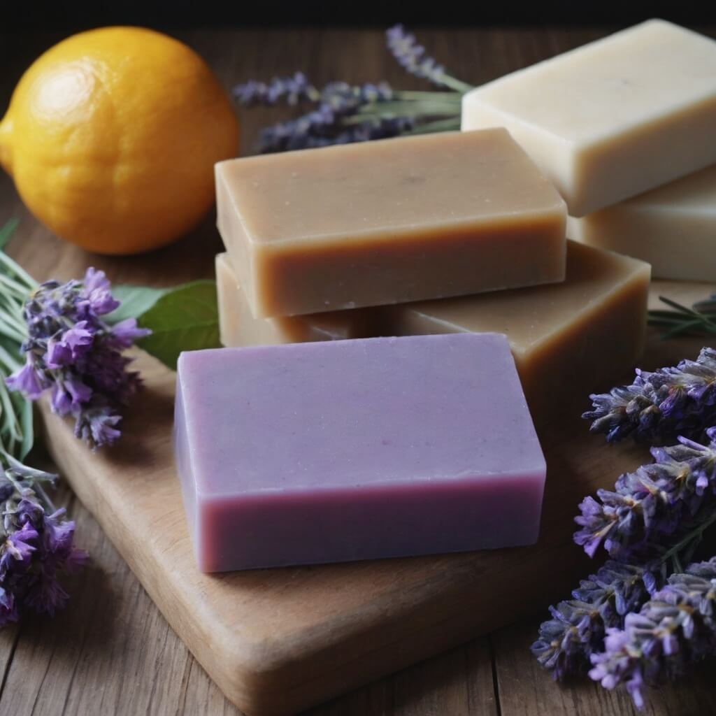 Handcrafted lavender soap on a wooden background