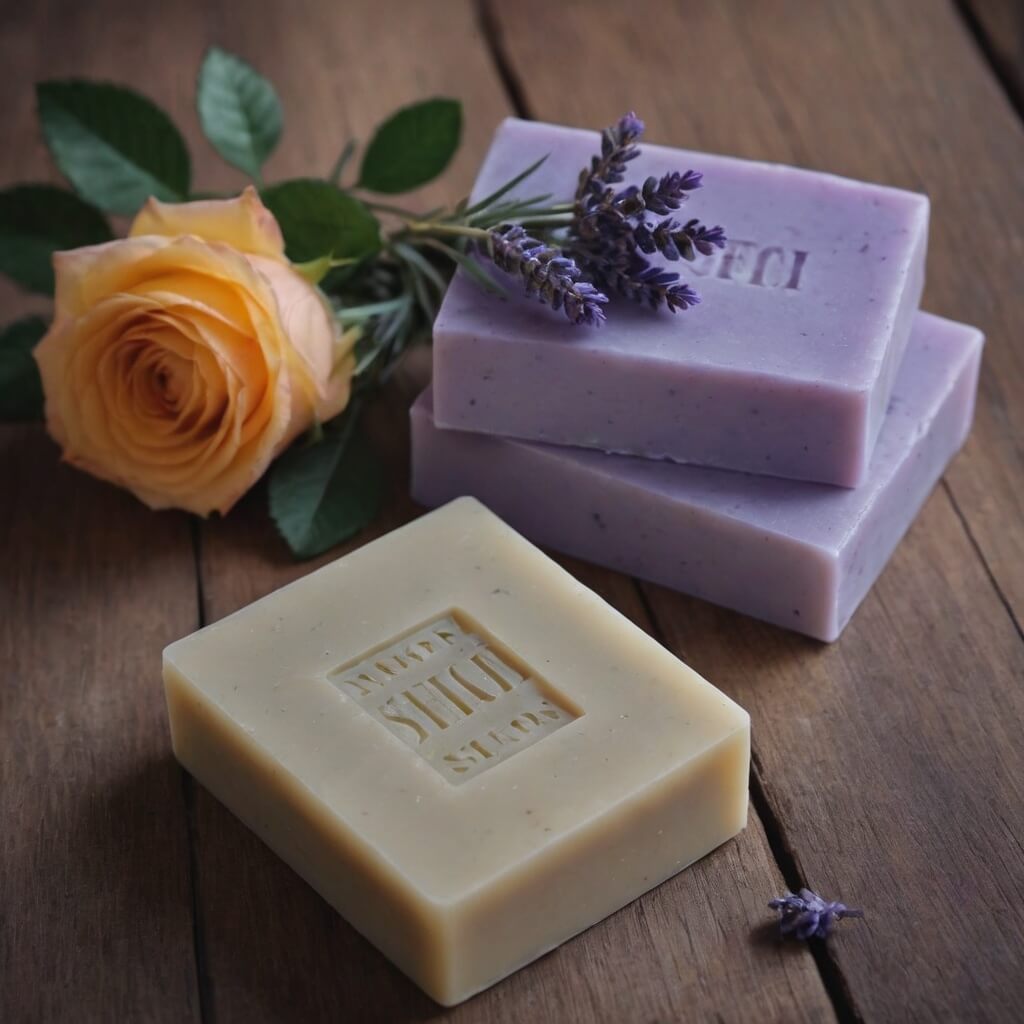 Handcrafted rose soap on a wooden background