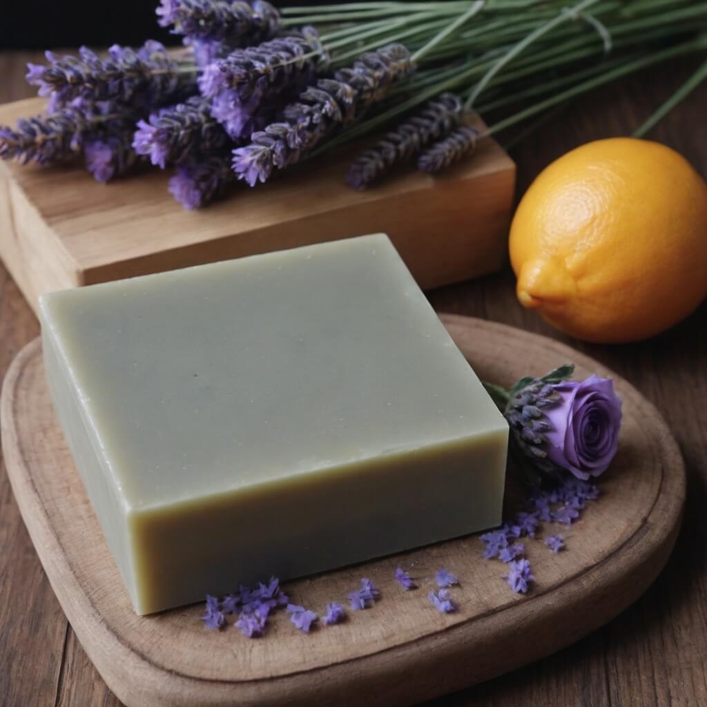 Handcrafted mint soap with fresh mint leaves on a wooden background