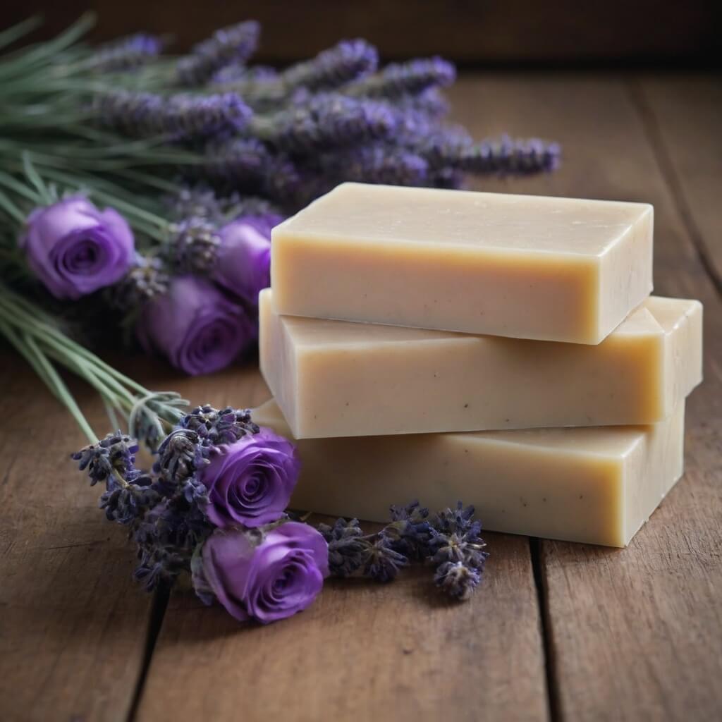 Handcrafted oatmeal soap with oats on a wooden background